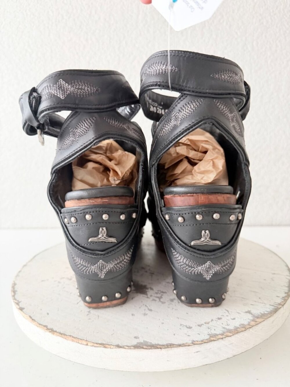 Lane Boots Lexington Jet Black Leather Western Wedge Sandals Wood Heel Womens 11 - Picture 4 of 12